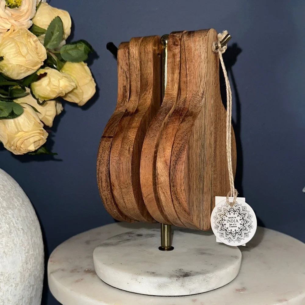 Handcrafted Wooden coasters Display with Marble Base - Brown